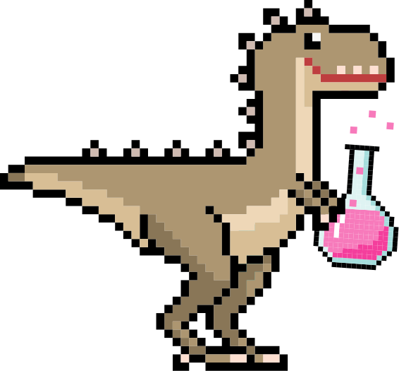 A pixel-art dinosaur holding a scientific beaker filled with pink liquid
