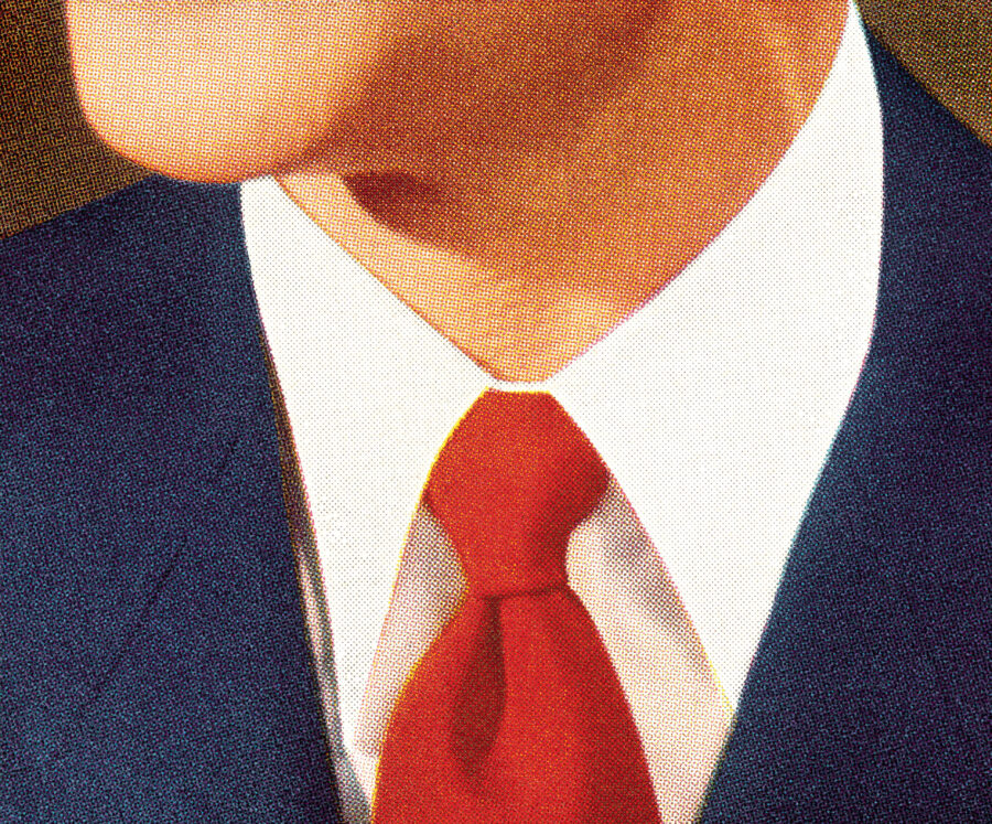 llustration of a white mans chin and top of torso. He is wearing a navy blue suit, white shirt and red tie.