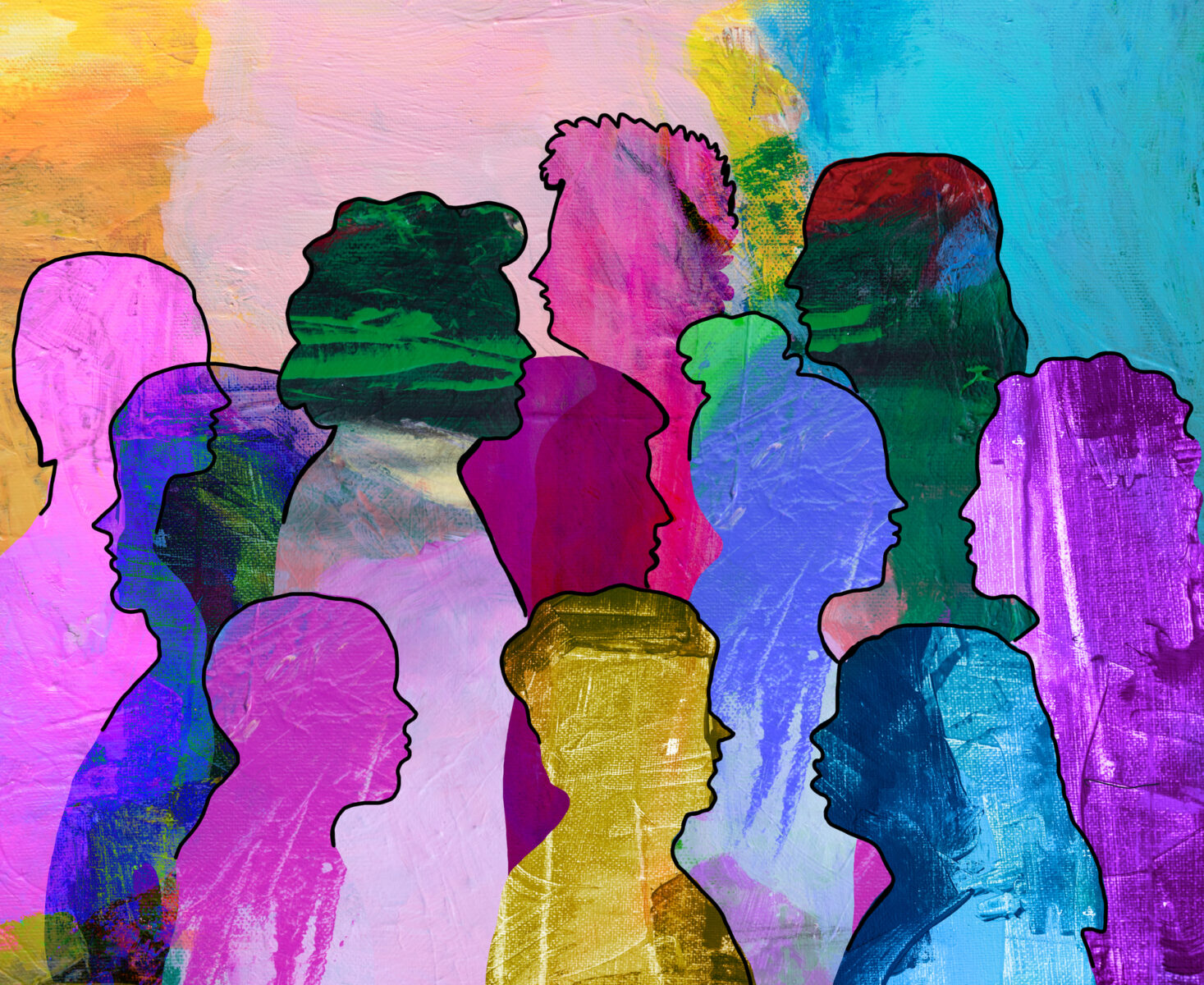 Colorful illustration of diverse adult group talking.