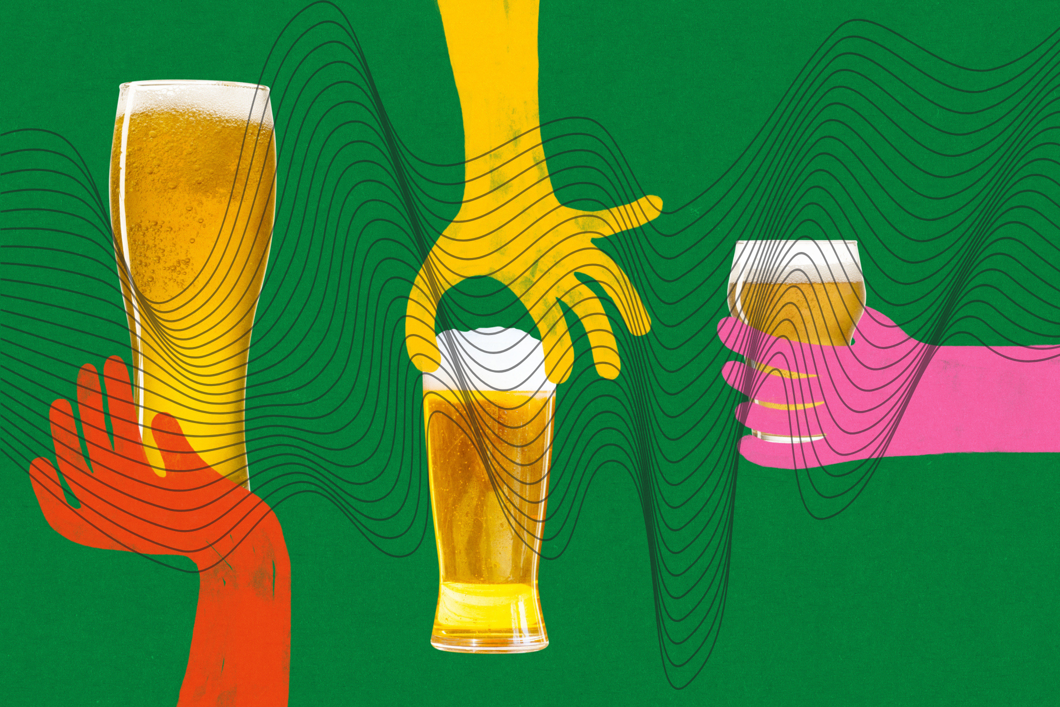 Colourful hands holding pints of beer with an overlay of musical wavelengths
