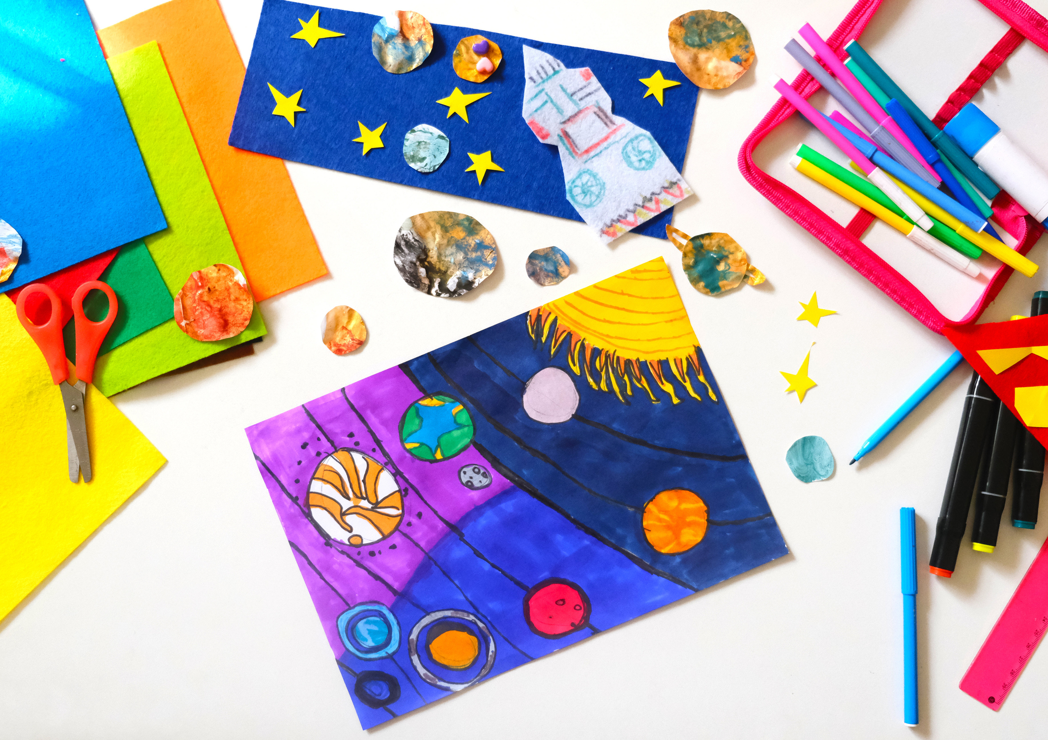 drawing Cosmos elements, astronaut spaceman. Crafts, elementary school