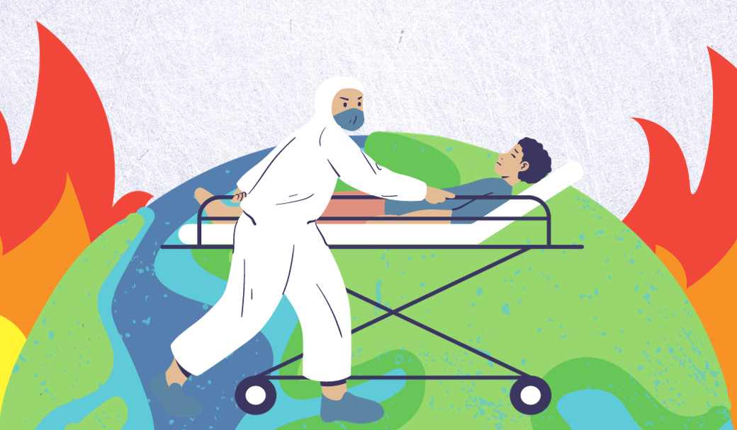 Illustrated image of someone in a hazmat suit pushing someone on a gurney . The earth is on the background and on fire.