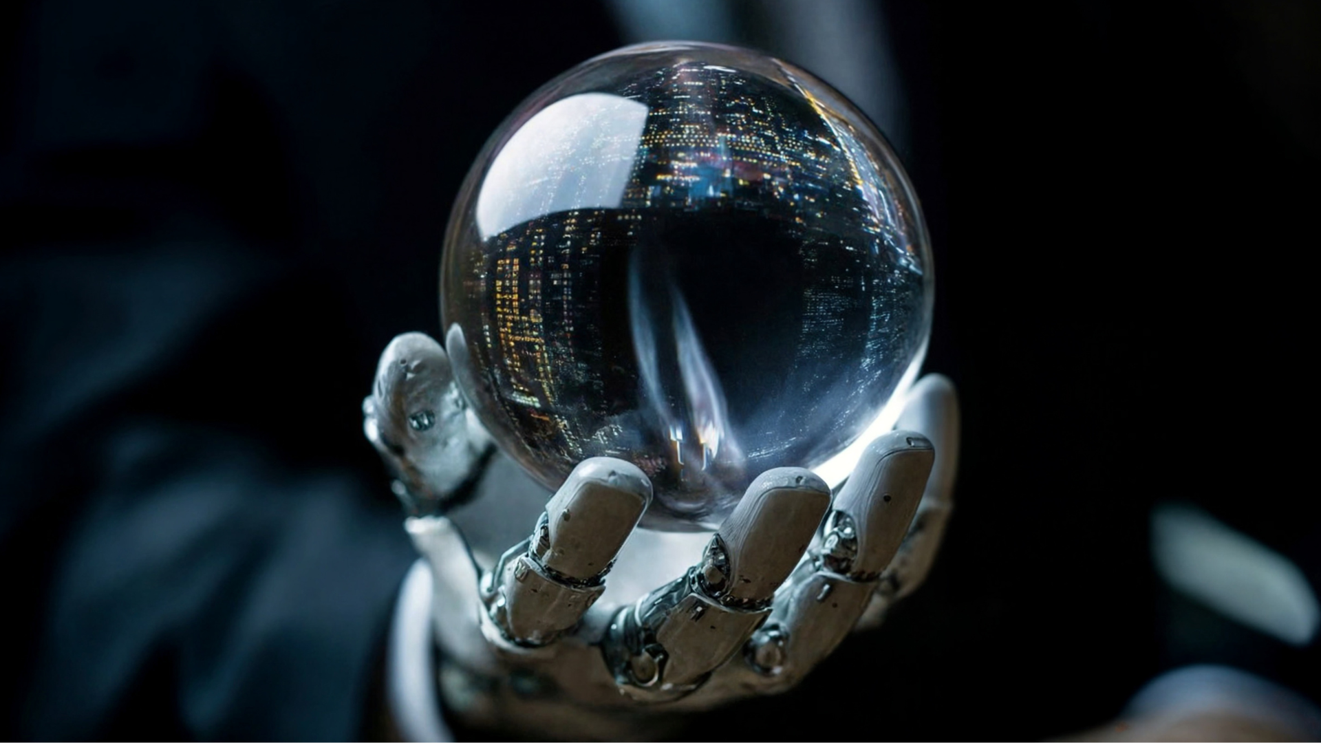 A robotic hand holding a glass ball